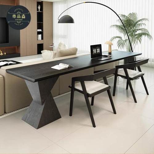 家用客厅意式极简书桌双人学习桌横厅沙发后长条桌黑色全实木书桌