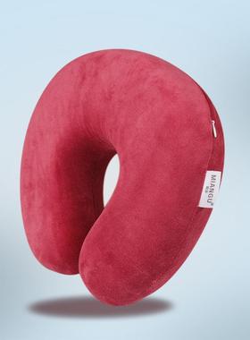 V3FP记忆棉U形枕红色光面天鹅绒可拆洗飞机枕u型慢回弹零压力颈枕