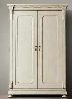 美式乡村实木衣柜双开门仿古复古白色做旧橡木对开门双门衣橱卧室