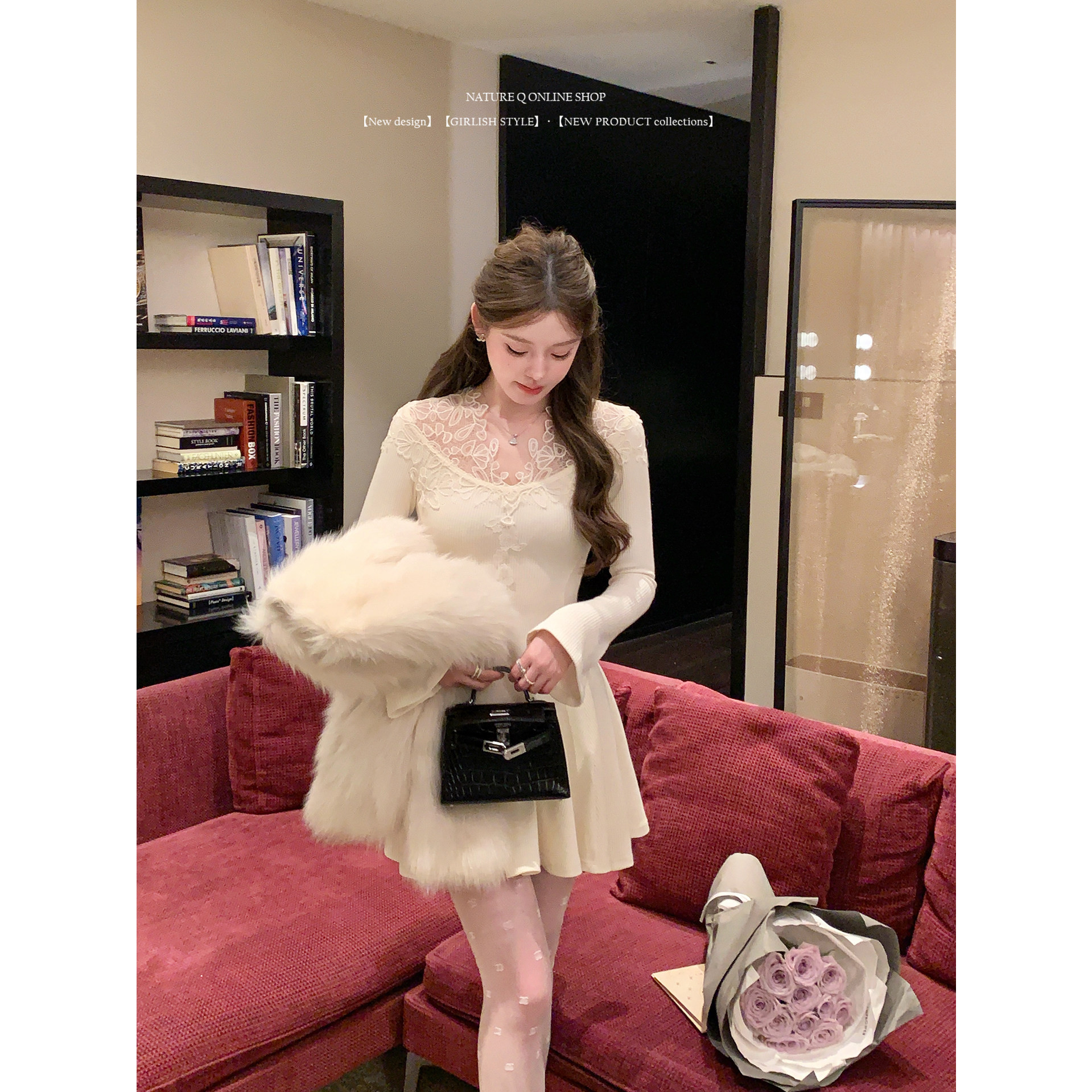 杨小卷 法式温柔千金感蕾丝针织连衣裙白色秋冬装内搭裙修身显瘦,女装/女士精品,连衣裙,淘宝优惠券,粉丝福利购,淘宝优惠卷