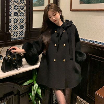 新款秋冬狐狸毛袖斗篷短款双面羊绒大衣女秋冬宽松双面呢羊毛外套
