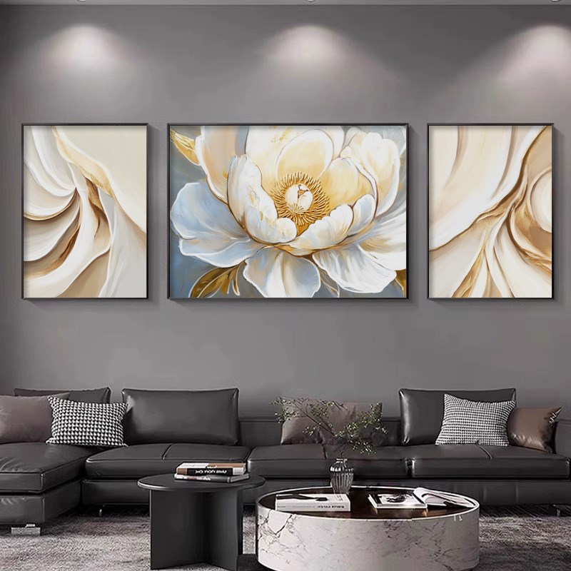 富贵牡丹客厅装饰画现代简约三联组合挂画轻奢花卉沙发背景墙壁画图片