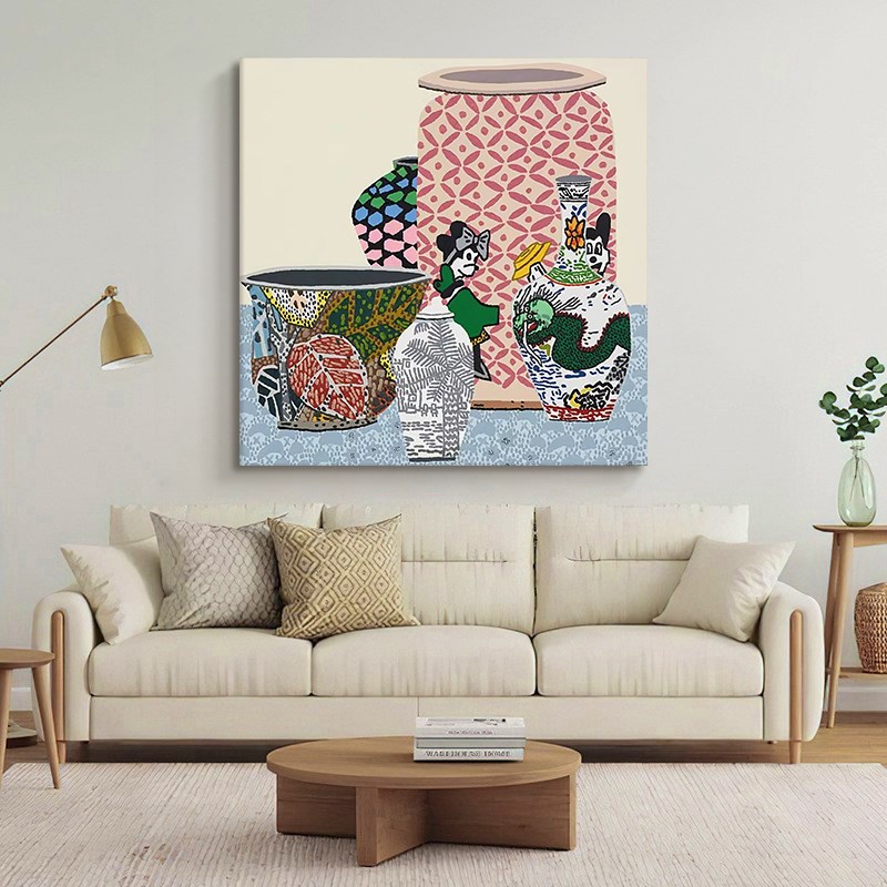 小众艺术手绘油画客厅抽象花瓶沙发背景墙装饰壁画玄关正方形挂画图片