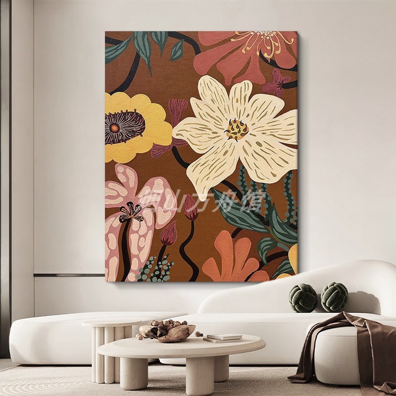 玄关中古风手绘油画客厅抽象艺术花卉装饰壁画欧式美拉德色系挂画图片
