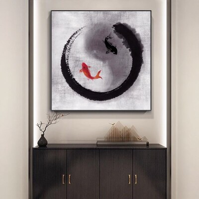 八卦太极图挂画阴阳鲤鱼新中式禅意养生馆装饰画茶室玄关风水壁画