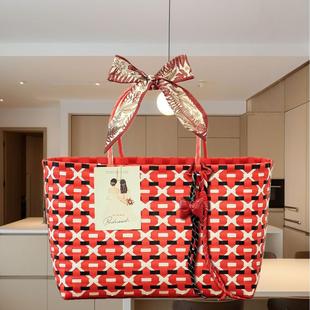 新中式编织婚礼品包装红金色礼篮百日伴手礼袋乔迁过寿喜事礼物盒