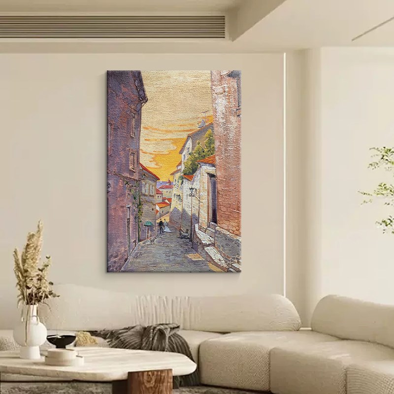 小镇晨曦纯手绘油画客厅抽象建筑风景装饰画玄关竖版丙烯肌理挂画图片