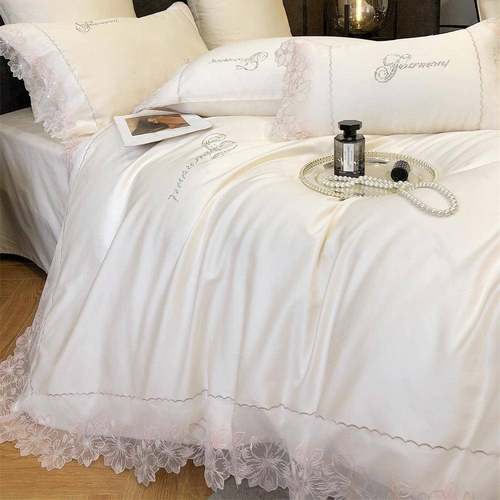 法式款轻奢风高档纯色欧根纱蕾丝拼接刺绣家用长绒棉四件套