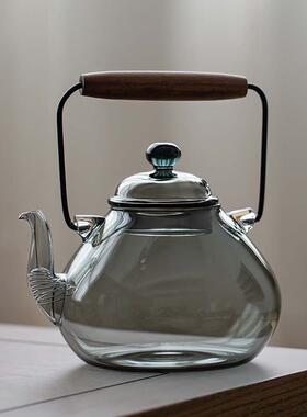 日式提梁烧水壶可电陶炉加热玻璃煮茶壶青莼灰色复古耐热大容量