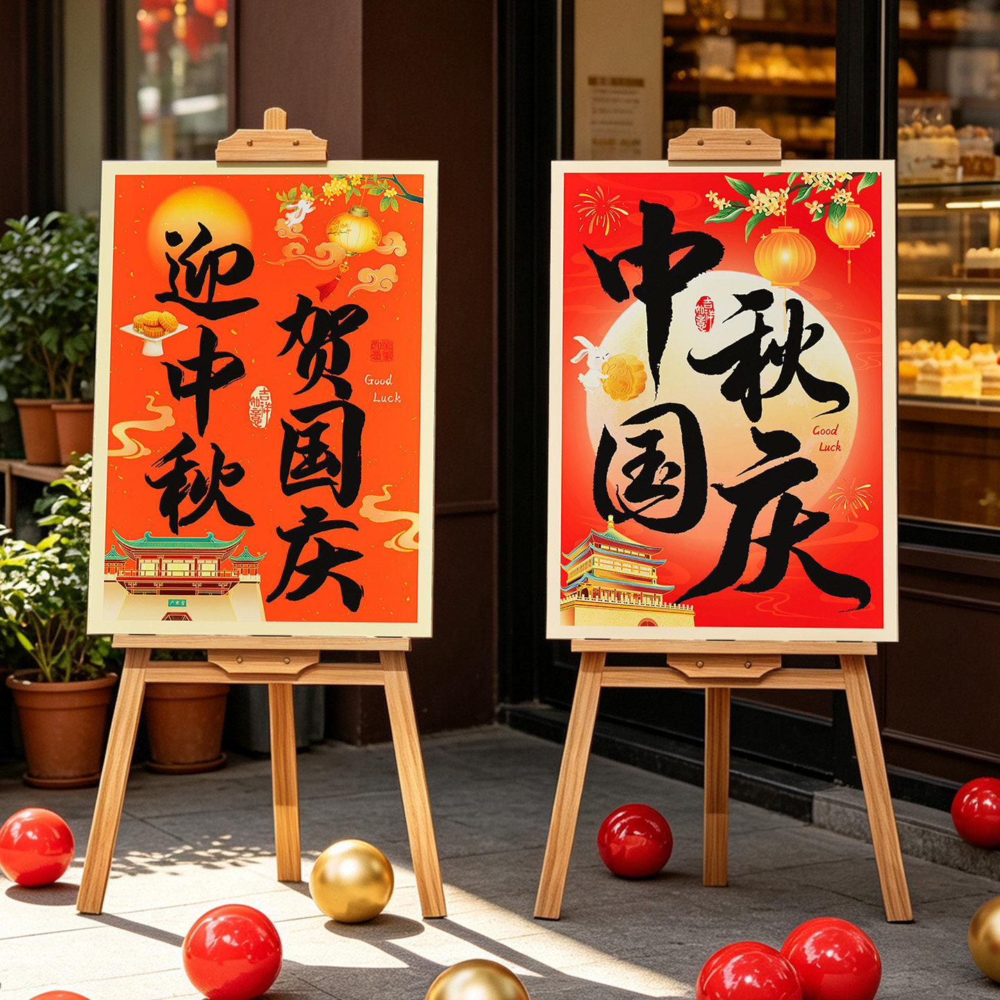 中秋国庆节店铺橱窗迎宾牌含扇花