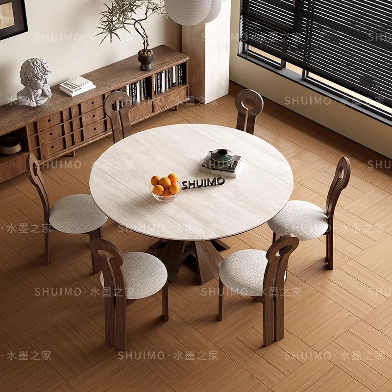 德利丰岩板洞石桌中古圆桌复古金属腿圆形餐桌法式包豪斯实木饭桌