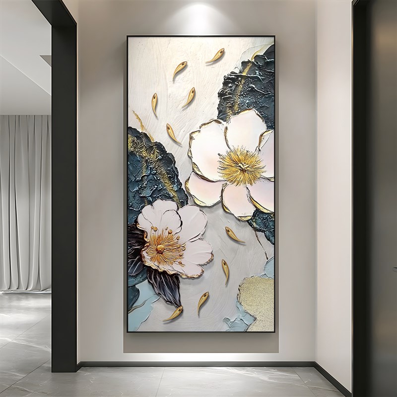 九鱼图玄关装饰画大芬村荷花手绘油画现代轻奢高级感走廊过道挂画图片