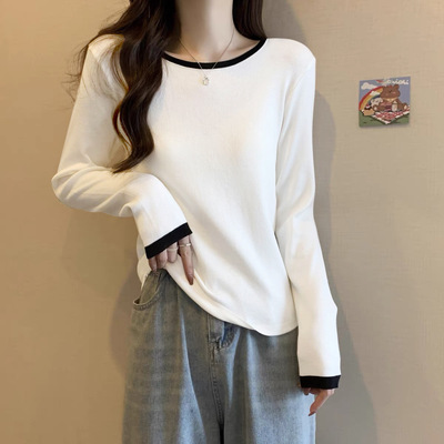 韩版冬季人棉抓毛甜美弹性圆领加绒T恤 百搭拼色修身显瘦打底衫