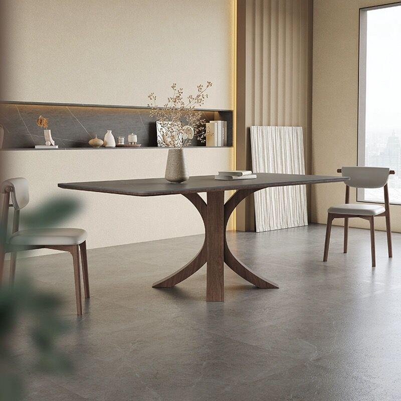 中古风实木岩板餐桌长方形家用胡桃木色现代简约白蜡木岩板餐桌