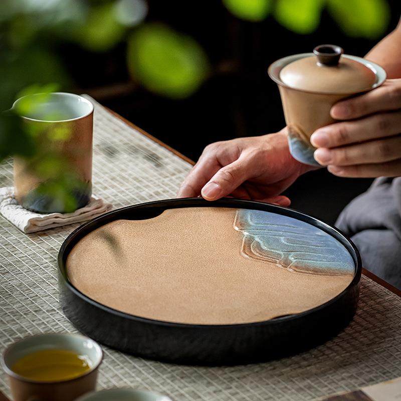 圆形陶瓷茶盘储水式干泡台家用小型茶台日式茶盘窑变托盘壶承茶具