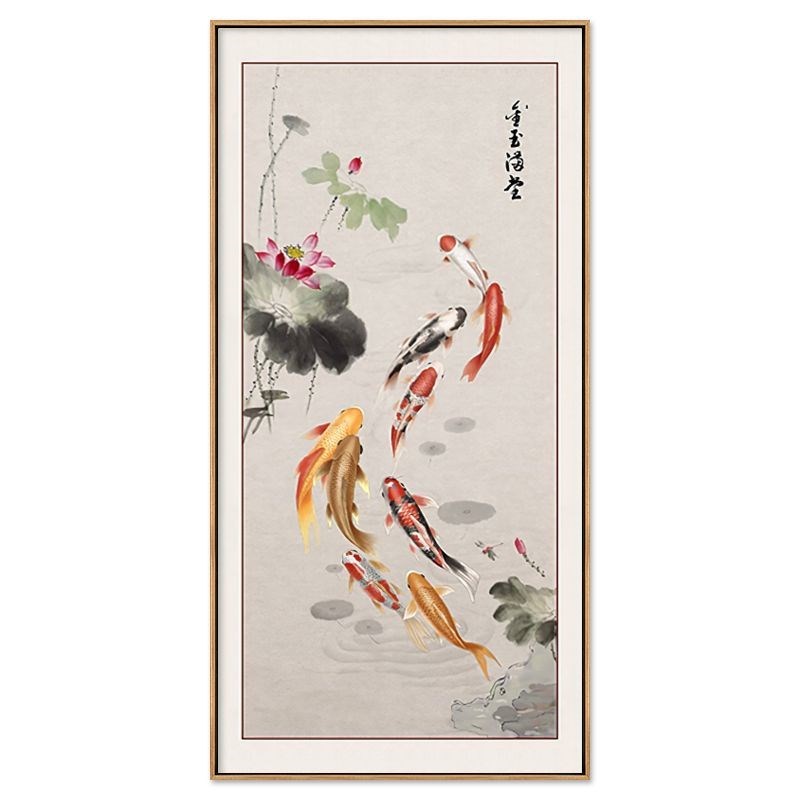 九鱼聚财图玄关画荷花牡丹墙画现代新中式壁画过道走廊客厅装饰画图片