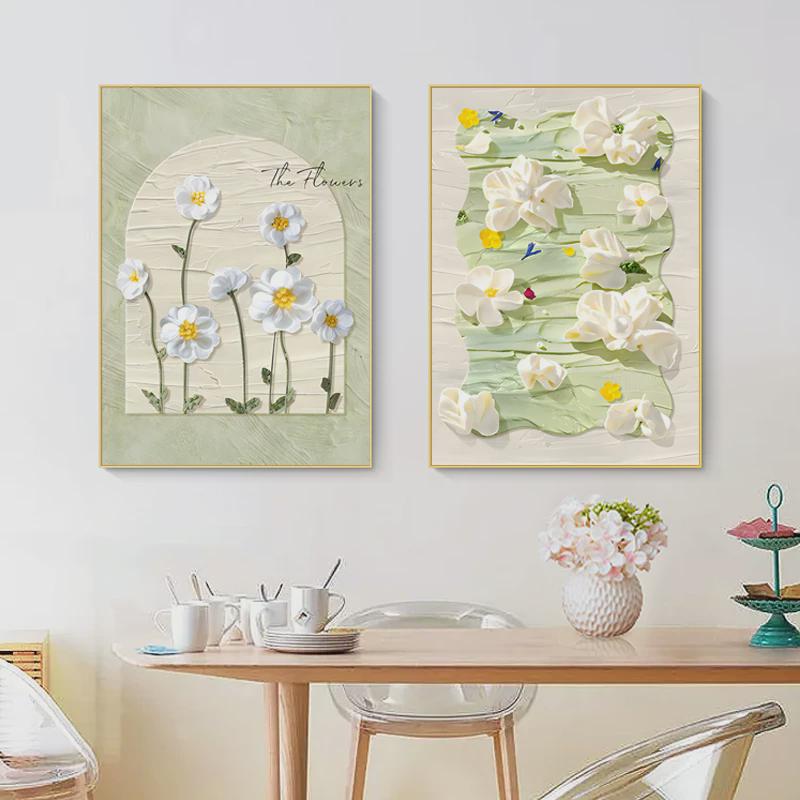 奶油风餐厅装饰画小清新肌理感花卉饭厅壁画抽象卧室床头组合挂画图片
