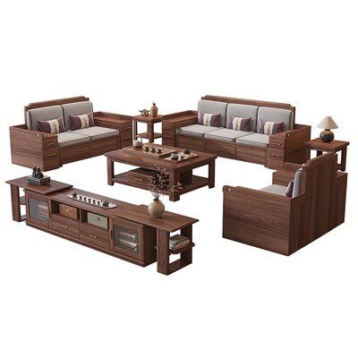 新中式黑胡桃木实木沙发多人直排小户型佛山实木沙发客厅2025新款