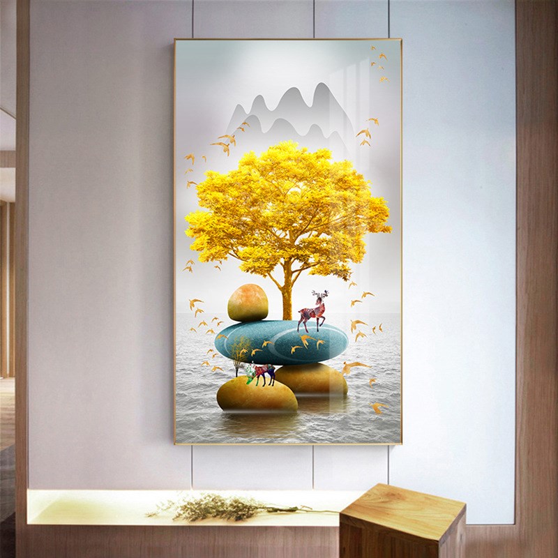 现代轻奢入户玄关装饰画 走廊过道竖版风景挂画金色创意麋鹿壁画图片