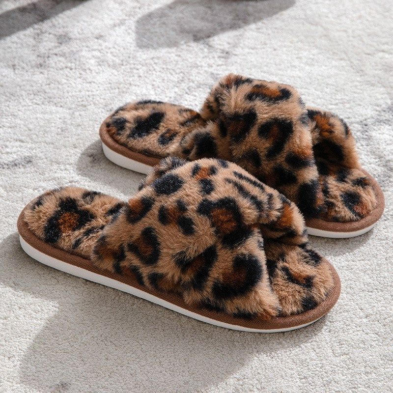 Leopard Cross OpenToe Fuzzy Winter Slippers for Women Warm F