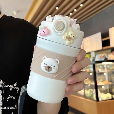 可爱保温杯女生高颜值便捷式水杯带吸管手提咖啡杯随行杯双饮杯