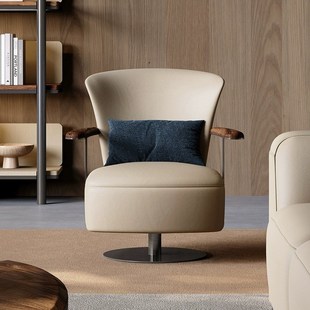 轻奢真皮休闲椅单人沙发椅客厅懒人躺椅新中式茶室实木扶手主人椅