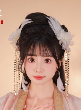 古风羽毛头饰汉服白色毛绒发夹侧边发饰仙气绢花配饰冬季古装女款