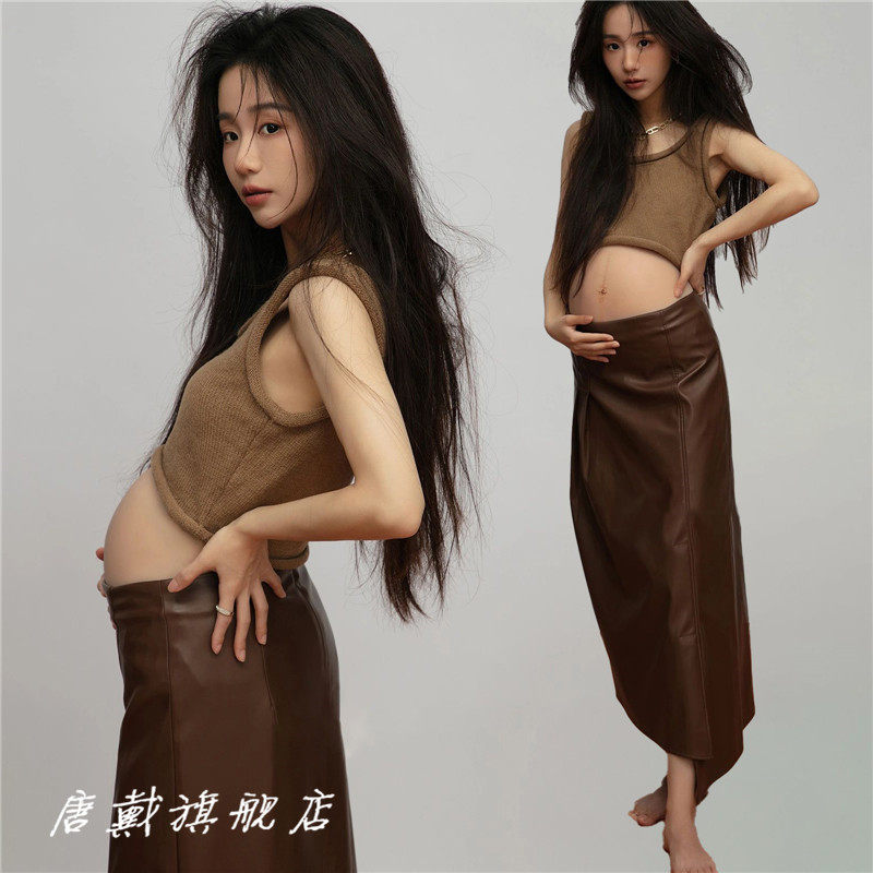 影楼孕妇拍照主题服装新款中式复古修身皮裙半身裙孕妈写真艺术照