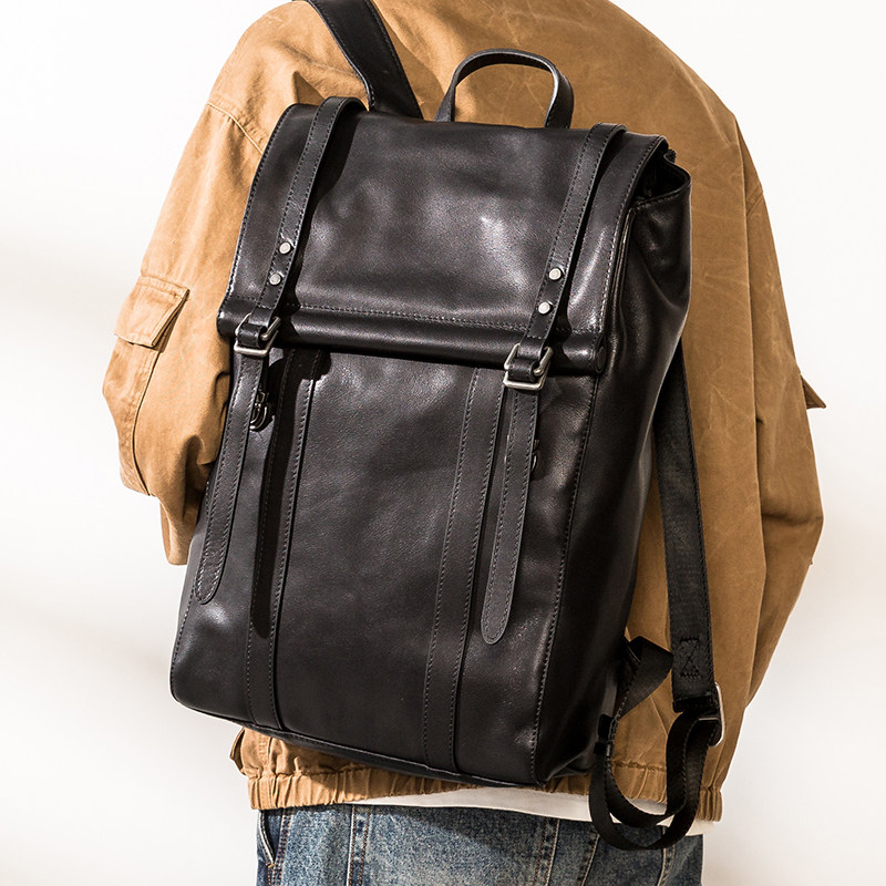 新款真皮百搭双肩包男士商务通勤牛皮大容量背包潮流青年电脑书包