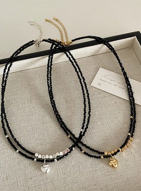 黑色水晶金属爱心项链女小众设计复古个性简约百搭气质颈链锁骨链