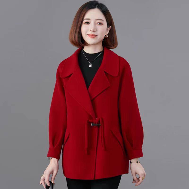 秋冬毛呢女士短款大衣西装领系带扣插肩袖大码宽松外套
