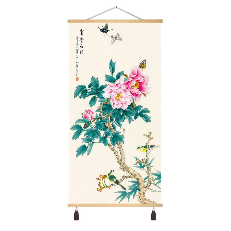 富贵牡丹仿古画书房客厅玄关卧室墙壁走廊装饰画布艺挂画挂布简约图片