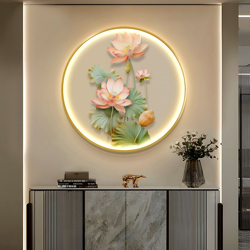 荷花九鱼图发光玄关装饰画新中式圆形走廊轻奢led灯光画壁画挂画图片