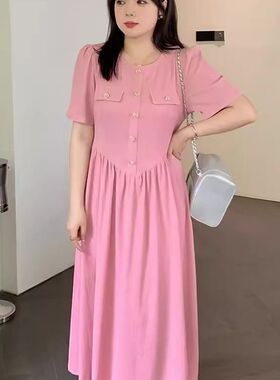 法式褶皱肌理感清新甜美新款大码女装胖mm遮肚子显瘦高腰连衣裙夏