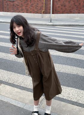 艺野系日系小个子咖色阔腿背带裤女春夏洋气减龄学院复古九分裙裤