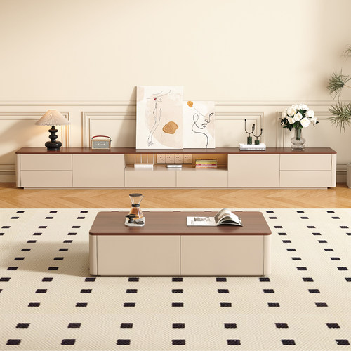 中古风实木落地电视机柜茶几组合