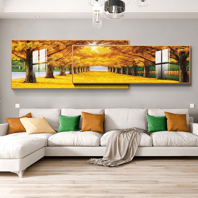 网红客厅壁画风景装饰画现代简约沙发背景墙挂画树林叠加组合晶瓷图片