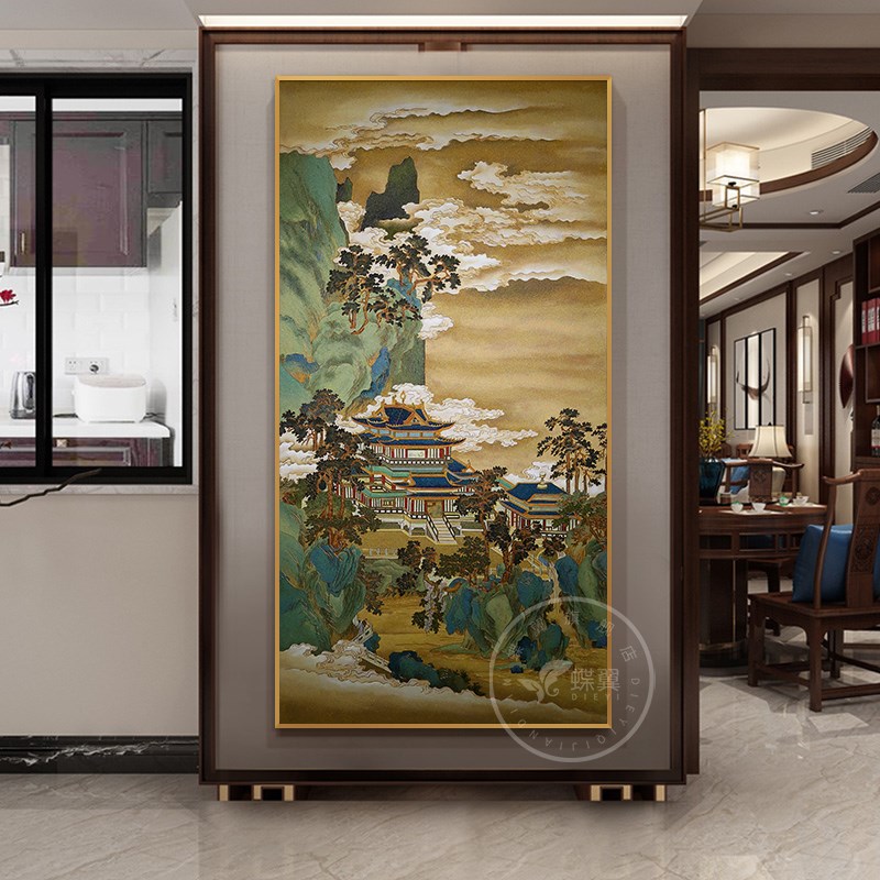 中式玄关装饰画别墅复式楼大堂掐丝珐琅彩走廊过道壁画风景中国画图片