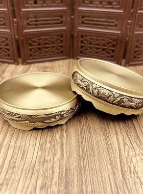 黄铜百福米缸招财进宝底座聚宝盆铜葫芦家用圆型渔夫山水底座摆件