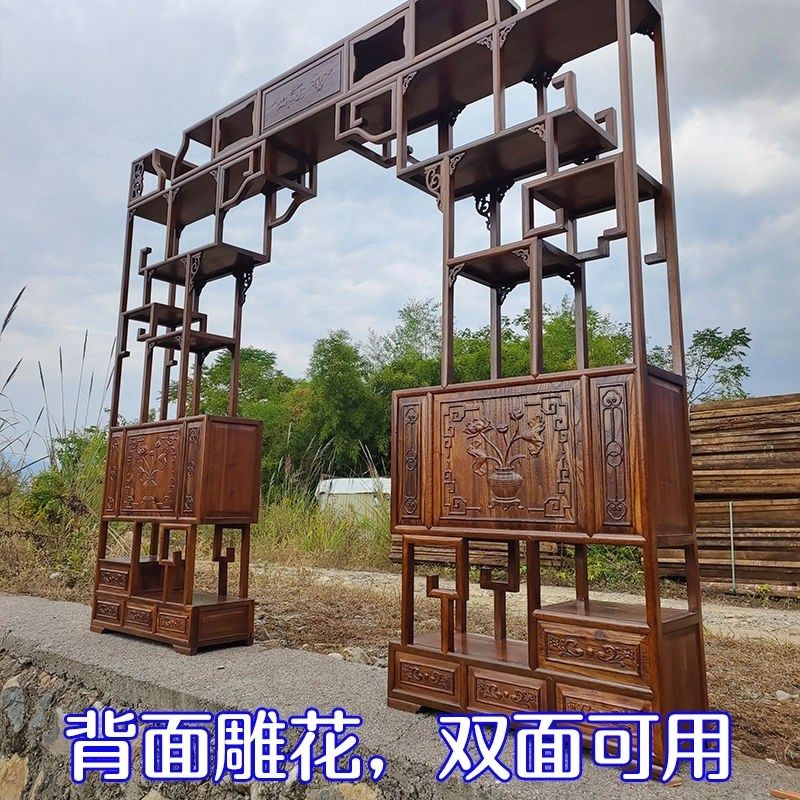 实木仿古可伸缩月洞门博古架客厅新中式隔断柜双面雕花背景墙拱门