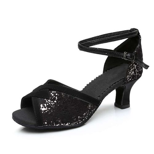 Womens Adult Middle Heel Latin Dance Shoes Black Fabric Gol