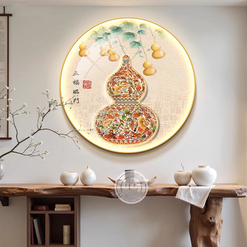 福禄葫芦圆形挂画新中式正对门客厅玄关装饰画好寓意酒店餐厅壁画图片