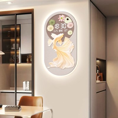 锦鲤客厅万年历电子钟2025新款奶油风浮雕餐厅插电时钟挂墙装饰画