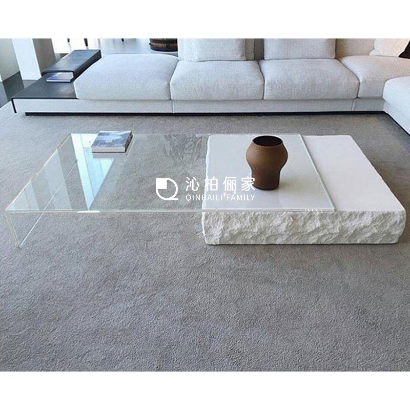现代创意茶桌极简石灰石超白玻璃客厅矮茶几时髦网红氛围拍照道具