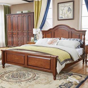 美式 高箱双人床胡桃色怀旧衣柜 乡村全实木床1米8大床1.5米欧式