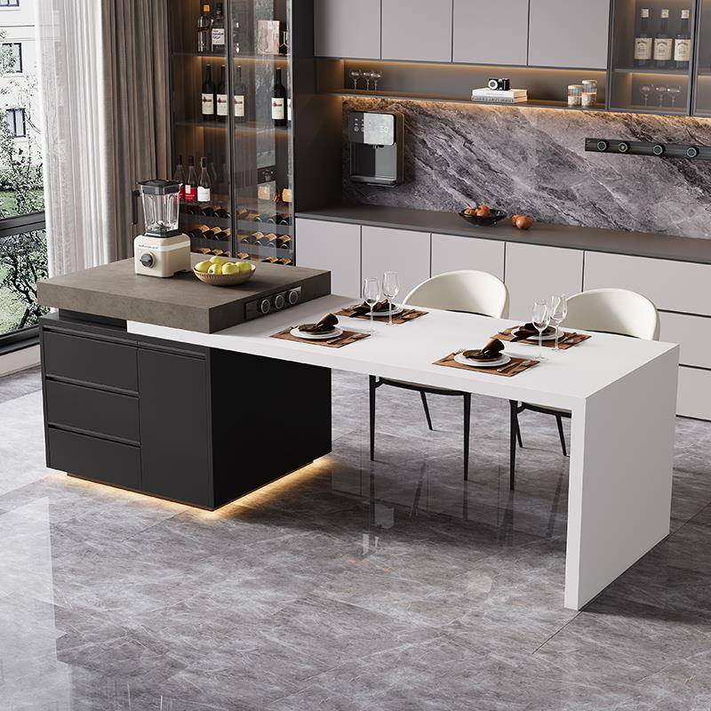 定制岛台餐桌一体可伸缩岩板中导台厨房带电磁炉水槽小户型奶油