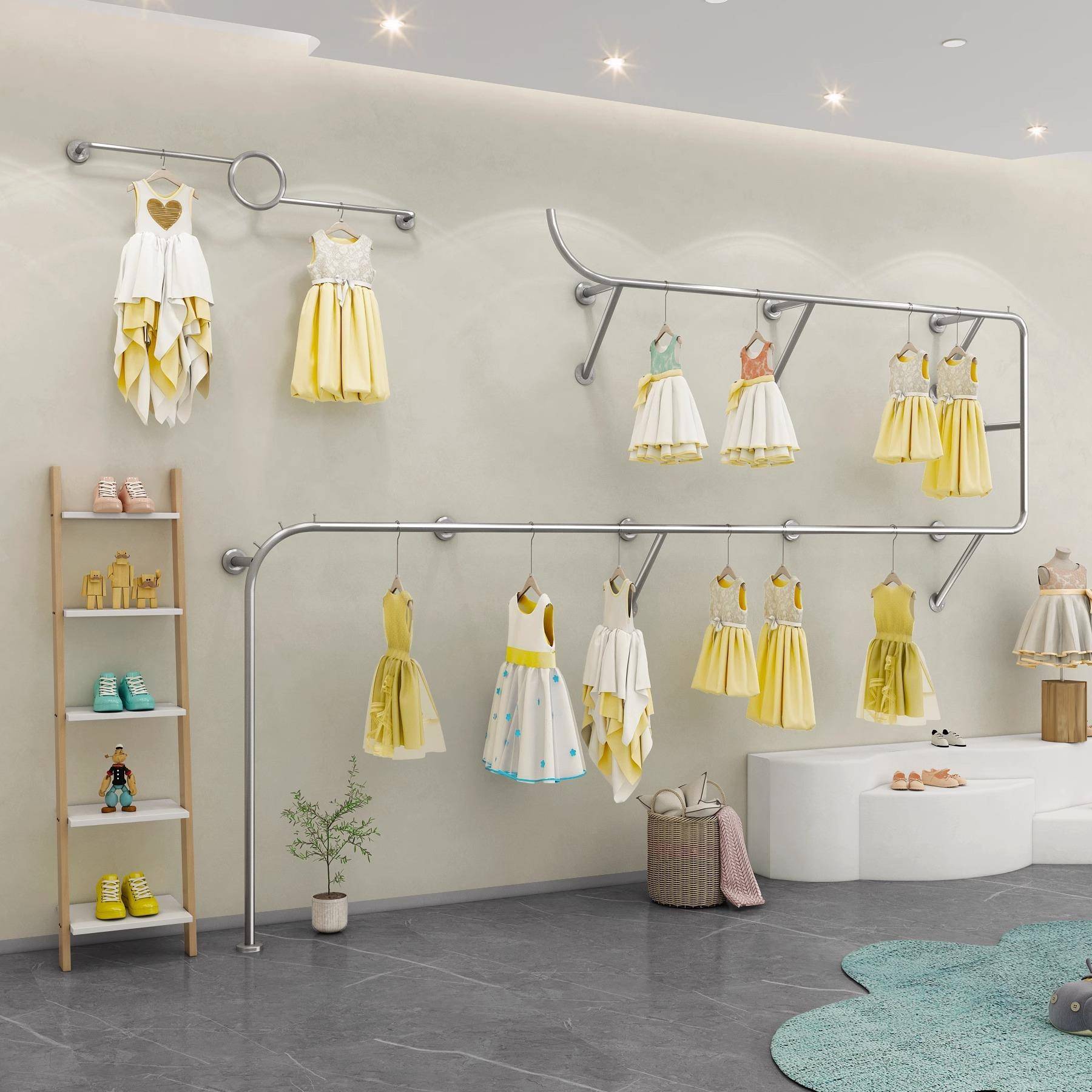 服装店简约童装店男女装货架不锈钢展示架陈列架落地式不锈钢上墙