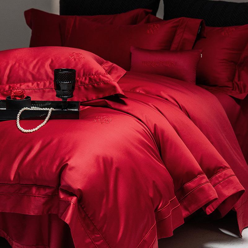 100支阿瓦提长绒棉高端婚庆四件套大红提花喜庆套件全棉纯棉被套4