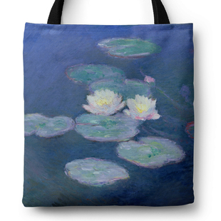 莫奈睡莲白花拉链帆布包手提袋单肩包购物袋书包来图定制加印logo