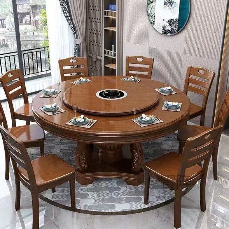 曾p1圆桌实木餐桌椅组合带电磁炉圆形餐桌家用饭店酒店.大圆桌吃